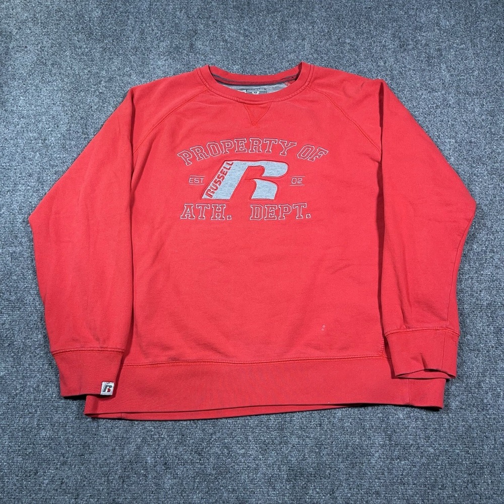 VTG Russell Athletic Sweatshirt Mens XL Red Short Sleeve Crewneck Fleece Graphic